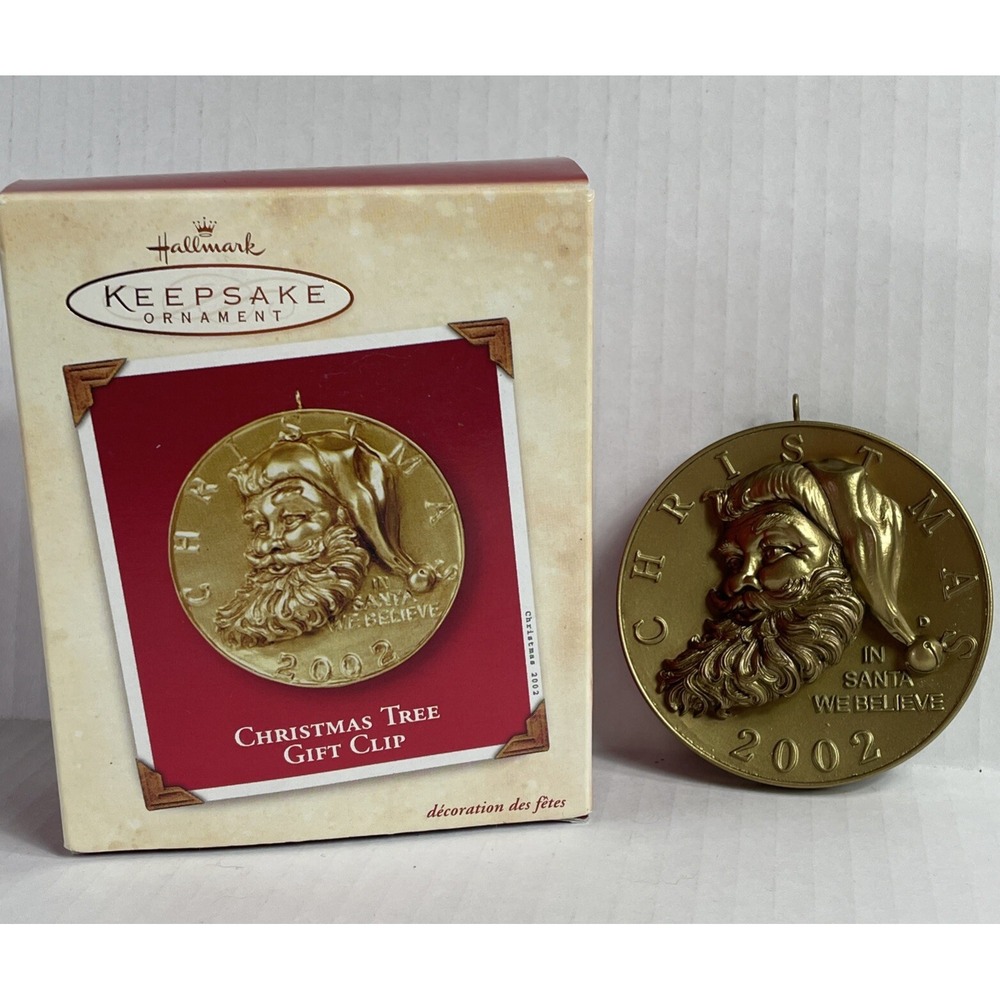 Christmas Tree Gift Clip Hallmark Keepsake Santa Ornament Coin Golden Glow 2002